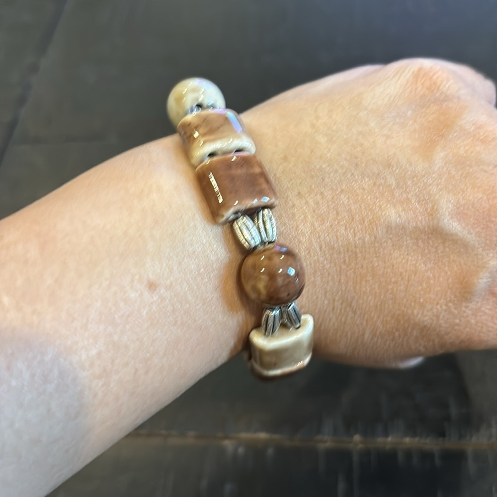 Ceramic Geometric Neutral Silver and Brown Beaded Toggle Bracelet